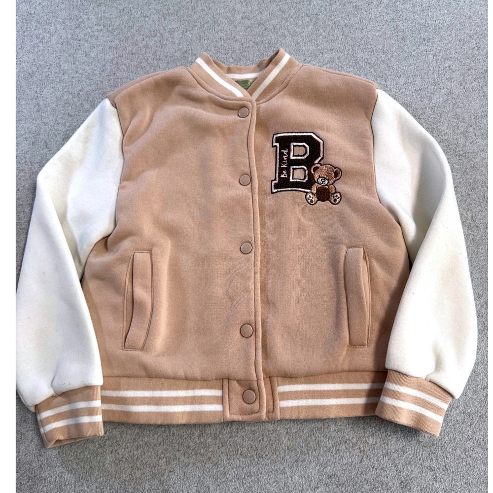 Emma & Elsa Varsity Jacket Kids Size 10/12 M Tan Sherpa Lined Teddy Bear Patch